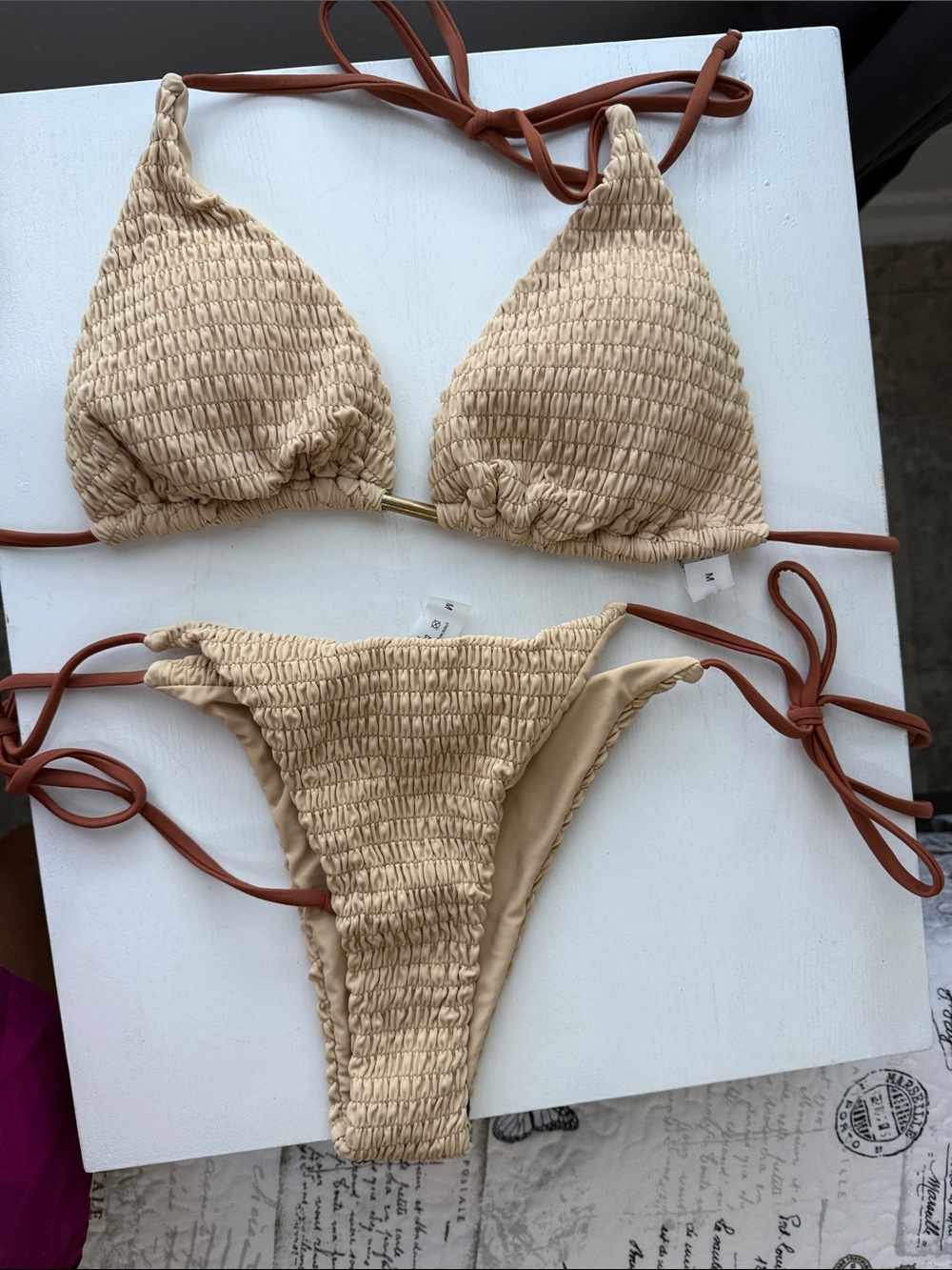 Beige Smocked Triangle Bikini with Brown Tie Straps